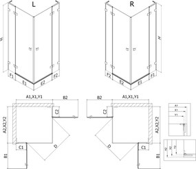 Mexen Lunar, L Duo výklopný sprchový kút 110 x 110 cm, 8mm číre sklo, profil grafit brúsený, 834L-110L-110P-66-00