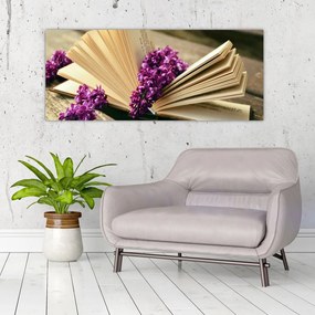 Obraz knihy a fialovej kvetiny (120x50 cm)