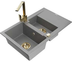 Mexen Gaspar, granitový drez 737x475x177 mm, 1,5-komorový a zlatá batéria Rita, šedá, 6507-71-670300-50