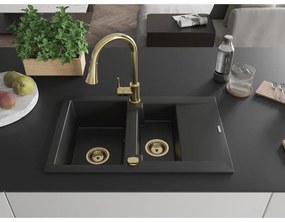 Mexen Gaspar, 1,5-komorový granitový drez 737x475x177 mm a drezová batéria Elia, čierna, 6507-77-670101-50