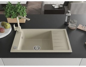 Mexen Elias, granitový drez granitový 795x480x200 mm, 1-komorový, béžová s chrómovým sifónom a béžová drezová batéria Rita, 6511-69-670300-69