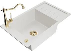 Mexen Elias, granitový drez 795x480x200 mm, 1-komorový a drezová batéria Carla, biela, 6511-20-670700-50