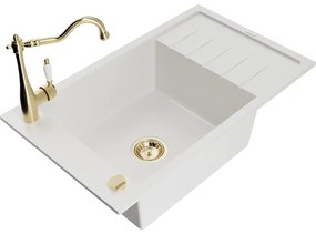 Mexen Elias, granitový drez 795x480x200 mm, 1-komorový a drezová batéria Carla, biela, 6511-20-670700-50