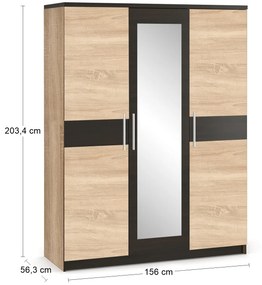 Trojdverová šatníková skriňa so zrkadlom Verify W-3D - dub sonoma / wenge