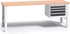 Pracovný stôl do dielne G3 so závesným boxom na náradie, buková škárovka, 4 zásuvky, pevné kovové nohy, 2000 mm, grafit