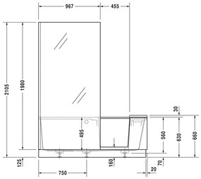 Duravit Shower + Bath - Vaňa so sprchovým kútom do pravého rohu rohu s panelom a nohami, 170x75 cm, zrkadlové sklo, D 700404000100000