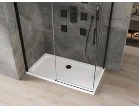 Mexen Omega, sprchovací kút s posuvnými dverami 140 (dvere) x 80 (stena) cm, 8mm číre sklo, čierny profil + slim sprchová vanička biela s čiernym sifónom, 825-140-080-70-00-4010B