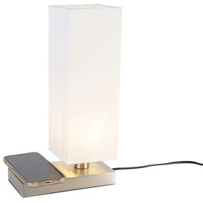 Oceľová stolná lampa s bielym tienidlom s dotykovou a indukčnou nabíjačkou - Romina