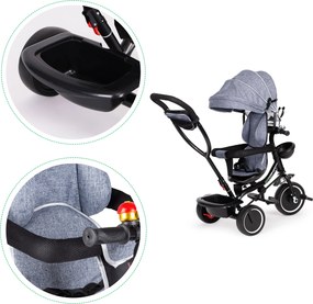 ECOTOYS trojkolka s otočným sedadlom 360°, strieška, košík, rodičovská rukoväť (šedá)
