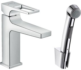 HANSGROHE Metropol páková umývadlová batéria s bidetovou sprškou a sprchovou hadicou 160 cm, s odtokovou súpravou Push-Open, strmeňová páka, výška výtoku 117 mm, chróm, 74522000