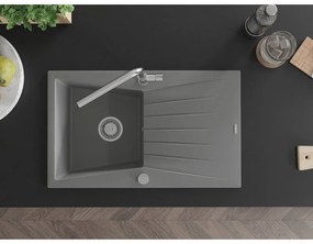 Mexen Cesar, 1-komorový granitový drez 775x470x190 mm a drezová batéria Flora, šedá, 6514-71-670401-00