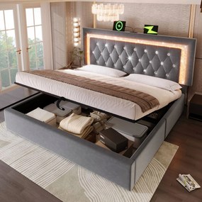 Čalúnená posteľ 140*200 dvojitá Led Usb C hydraulická šedá matrac