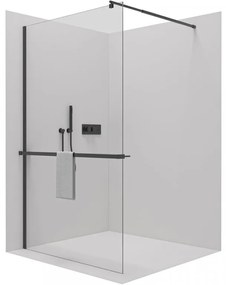 Cerano Onyx, sprchová zástena Walk-in 140x200 cm, 8mm číre sklo, čierny matný profil + polička/držiak na uteráky, CER-CER-477092