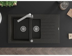 Mexen Matias, granitový drez 900x505x200 mm, 1,5-komorový a chrómová batéria Rita, čierna-zlatá metalíza, 6502-75-670300-00