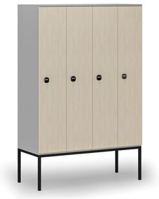 Drevená šatníková skrinka S4 s podnožou, 4 oddiely, 1871 x 1200 x 500 mm, demont, RFID zámok, sivá/breza