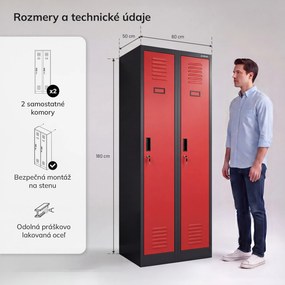 Dvojkomorová zamestnanecká skrinka antracitovo červená, 600x1800x500 mm: KACPER II