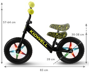 Kidwell Rebel LED balančný bicykel pre deti – LED ráfiky, EVA kolesá 28 cm, bez batérií