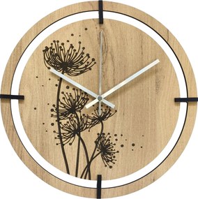 Drevené hodiny s gravírovanými púpavami | LEIKA: HDF - Zlatý Dub 30 cm 4807-115504 HDF0704-ruky-silver