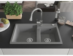 Mexen Tomas, 2-komorový granitový drez 800x500x190 mm a drezová batéria Elia, šedá, 6516-71-670101-00