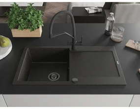Mexen Leo, 1-komorový granitový drez 900x500x190 mm a drezová batéria Duo, čierna-zlatá metalíza, 6501-75-671701-70-B