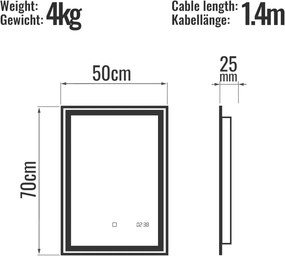 AQUAMARIN kúpeľňové zrkadlo s LED osvetlením 18 W, 50x70cm