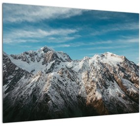 Sklenený obraz zasnežených vrcholkov, Fiordland (70x50 cm)