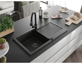 Mexen Leo, 1-komorový granitový drez 900x500x190 mm a drezová batéria Elia, čierna-zlatá metalíza, 6501-75-670101-70-B