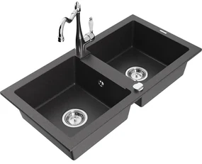 Mexen Mario, granitový drez 820x436x161 mm, 2-komorový a drezová batéria Carla, čierna škvrnitá, 6504-76-670700-00