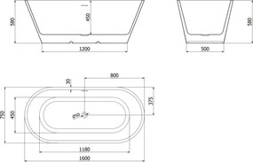 Mexen Luna, voľne stojaca vaňa 160 x 75 cm, biela-čierna, medený prepad, 52031607575-65