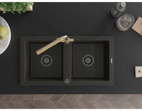 Mexen Mario, 2-komorový granitový drez 820x436x161 mm a zlatá drezová batéria Duero, čierna-zlatá metalíza, 6504-75-671600-50-B