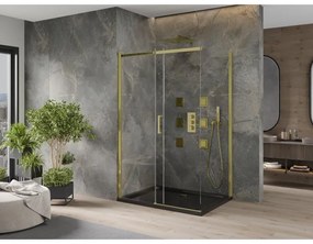 Mexen Omega, sprchový kút s posuvnými dverami 120 (dvere) x 80 (stena) cm, 8mm číre sklo, zlatý profil + slim sprchová vanička čierna + zlatý sifón, 825-120-080-50-00-4070G