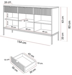 Komoda CORA čierna matná + zlaté nožičky 154 cm
