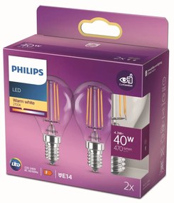 Philips LED žiarovka E14 4,3W filament 2 700K 2 ks