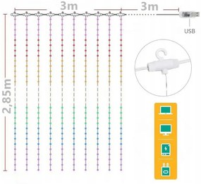 BERGE LED svetelný záves 3x2, 8m - multicolor