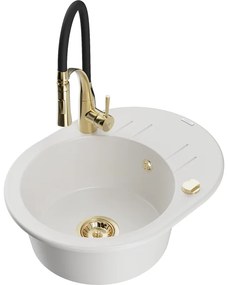 Mexen Kevin, 1-komorový granitový drez 586x458x190 mm a drezová batéria Aster, biela, 6517-20-73450-57-G