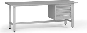 Výškovo nastaviteľný dielenský stôl G5, 2100 x 750 x 800-1000 mm, 1x kontajner, 4 zásuvky, sivá