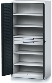 Policová dielenská skriňa 2-dverová MECHANIC, 5 políc, 2 zásuvky, 920 x 500 x 1950 mm, antracitové dvere