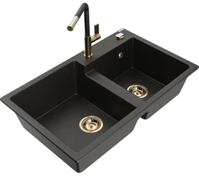 Mexen Tomas, 2-komorový granitový drez 800x500x190 mm a drezová batéria Flora, čierna-zlatá metalíza, 6516-75-670401-57-G