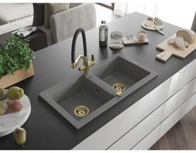 Mexen Mario, granitový drez 820x436x161 mm, 2-komorový a drezová batéria Duo, šedá, 6504-71-671701-57-G