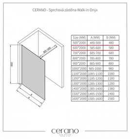 Cerano Onyx, sprchová zástena Walk-in 60x200 cm, 8mm číre sklo, chrómový profil + polička/držiak na uteráky, CER-CER-477161