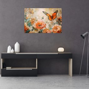 Obraz - Motýľ a kvety, olejomaľba (90x60 cm)