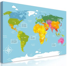 Obraz mapa sveta s popisom jednotlivých kontinentov