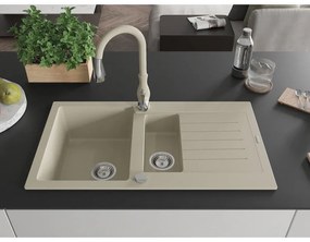 Mexen Matias, 1,5-komorový granitový drez 900x505x200 mm a drezová batéria Savita, béžová, 6502-69-672601-69