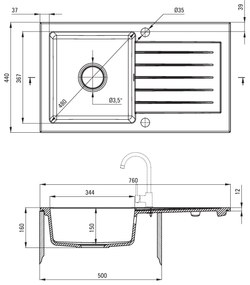 Deante Zorba, granitový drez 760x440x160 mm Z/O, 3,5" + priestorovo úsporný sifón, 1-komorový, grafitová, ZQZ_2113