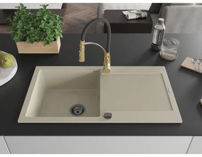 Mexen Leo, granitový drez 900x500x190 mm, 1-komorový a drezová batéria Aster, béžová, 6501-69-73450-57-B