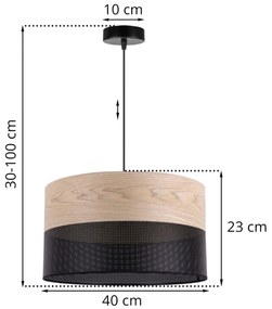 Závesné svietidlo Wood, 1x béžová dubová dýha/čierne PVC tienidlo, (fi 40cm)