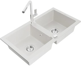 Mexen Mario, 2-komorový granitový drez 820x436x161 mm a drezová batéria Flora, biela, 6504-20-670401-02