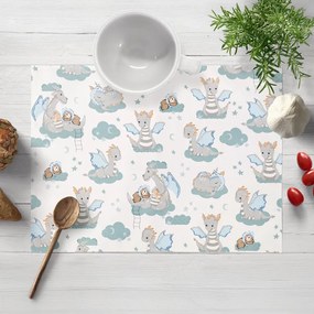 Biante Detské bavlnené prestieranie na stôl Sandra SA-689 Dráčikovia s medvedíkmi na modrozelených obláčikoch na bielom 35x45 cm