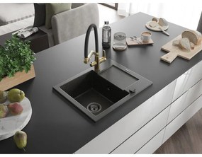 Mexen Enzo, granitový drez 576x465x174 mm, 1-komorový a drezová batéria Duo, čierna-zlatá metalíza, 6506-75-671701-57-B