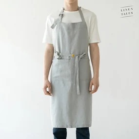 Svetlosivá ľanová zástera Linen Tales Chef, dĺžka 100 cm